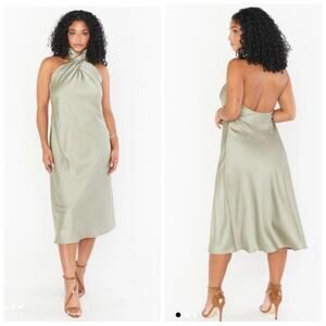 show me your mumu women jasmine halter midi dress moss green luxe satin small